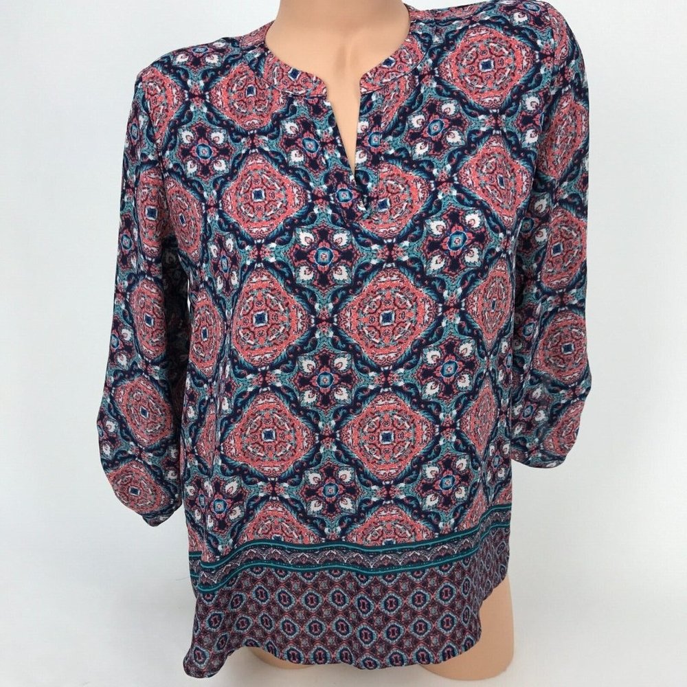 Pink Rose Boho Tribal Tie Dye Print Short Sleeve Top V-Neck 3/4 Sleeve Blouse L - Picture 2 of 6